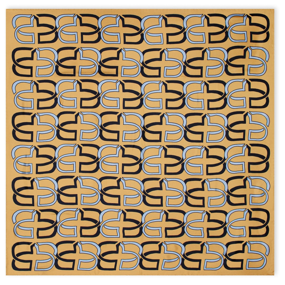 A square art print or poster featuring a repeating geometric pattern of stylized interlocking letterforms in black and light blue on a warm tan background.