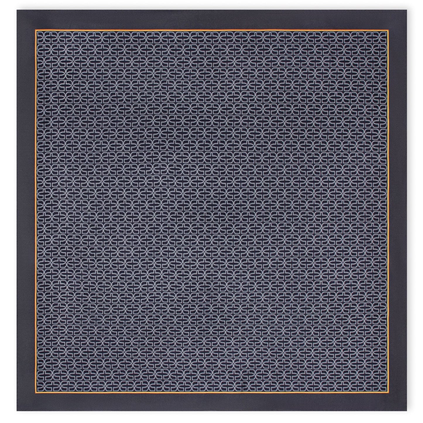 A square scarf featuring a dark navy blue background with a repeating interlocking geometric pattern in light gray, finished with a thin gold border.