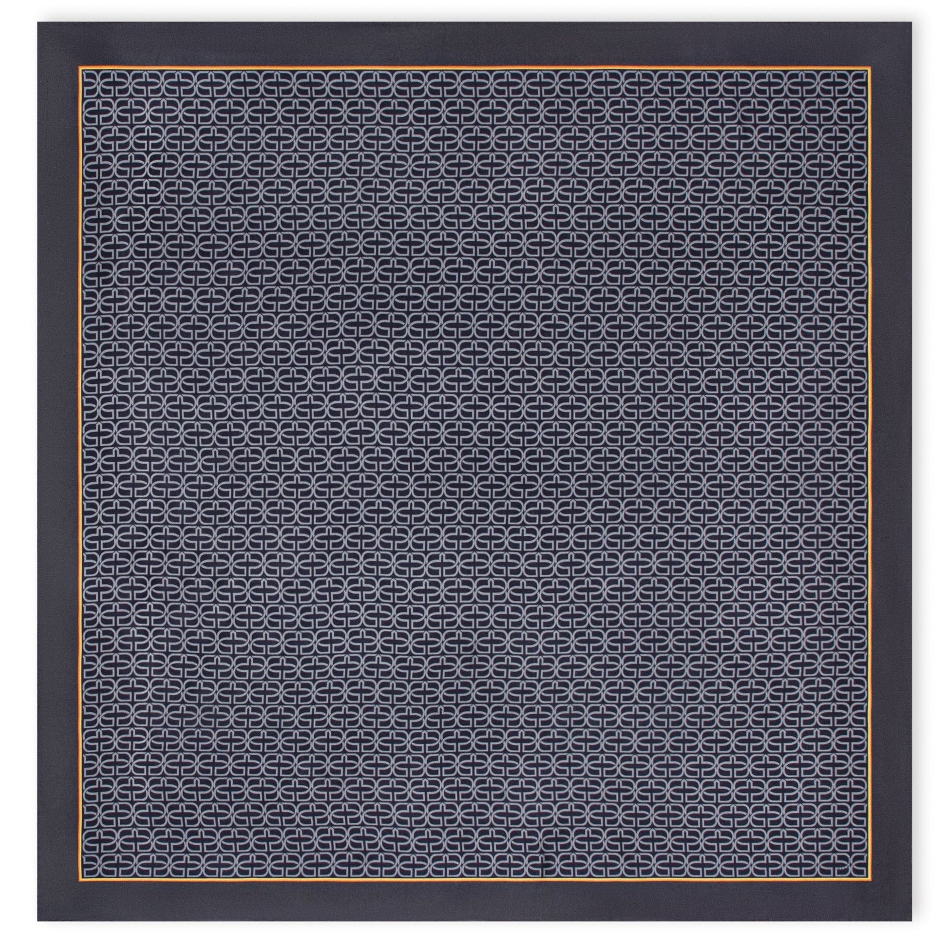 A square scarf featuring a dark navy blue background with a repeating interlocking geometric pattern in light gray, finished with a thin gold border.