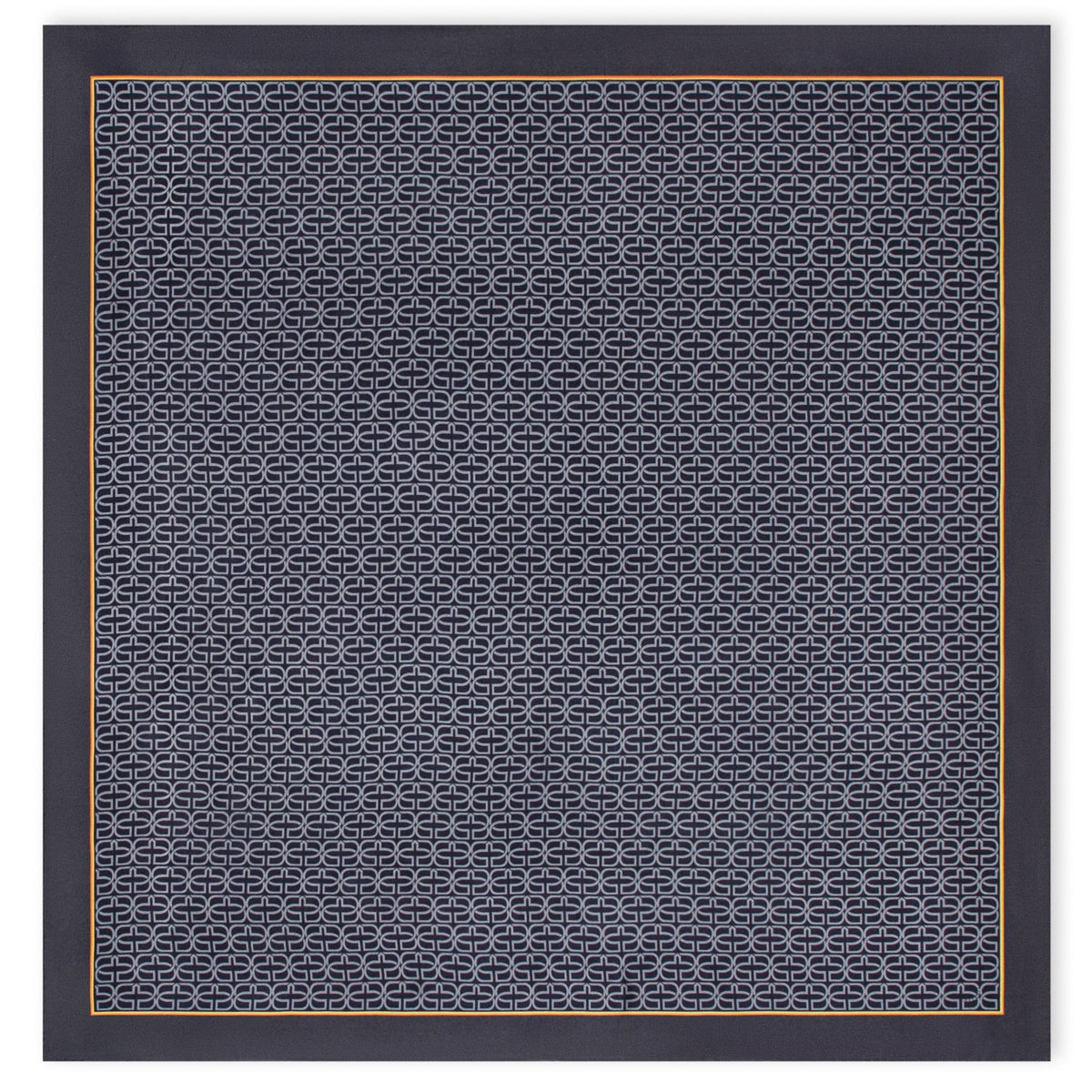 A square scarf featuring a dark navy blue background with a repeating interlocking geometric pattern in light gray, finished with a thin gold border.