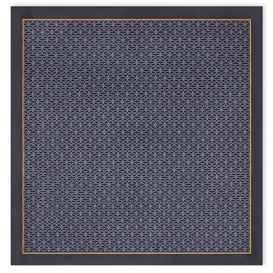 A square scarf featuring a dark navy blue background with a repeating interlocking geometric pattern in light gray, finished with a thin gold border.