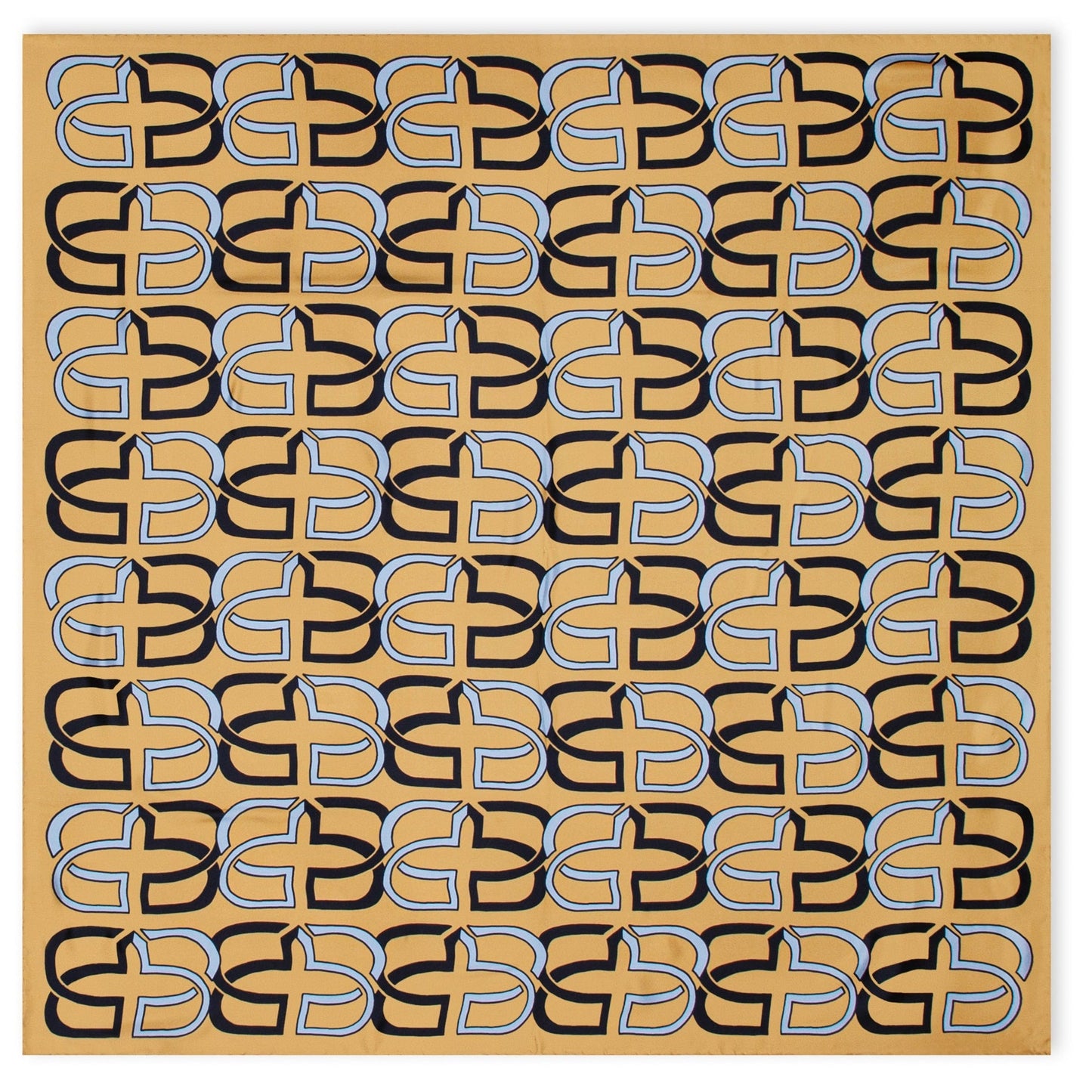 A square art print or poster featuring a repeating geometric pattern of stylized interlocking letterforms in black and light blue on a warm tan background.