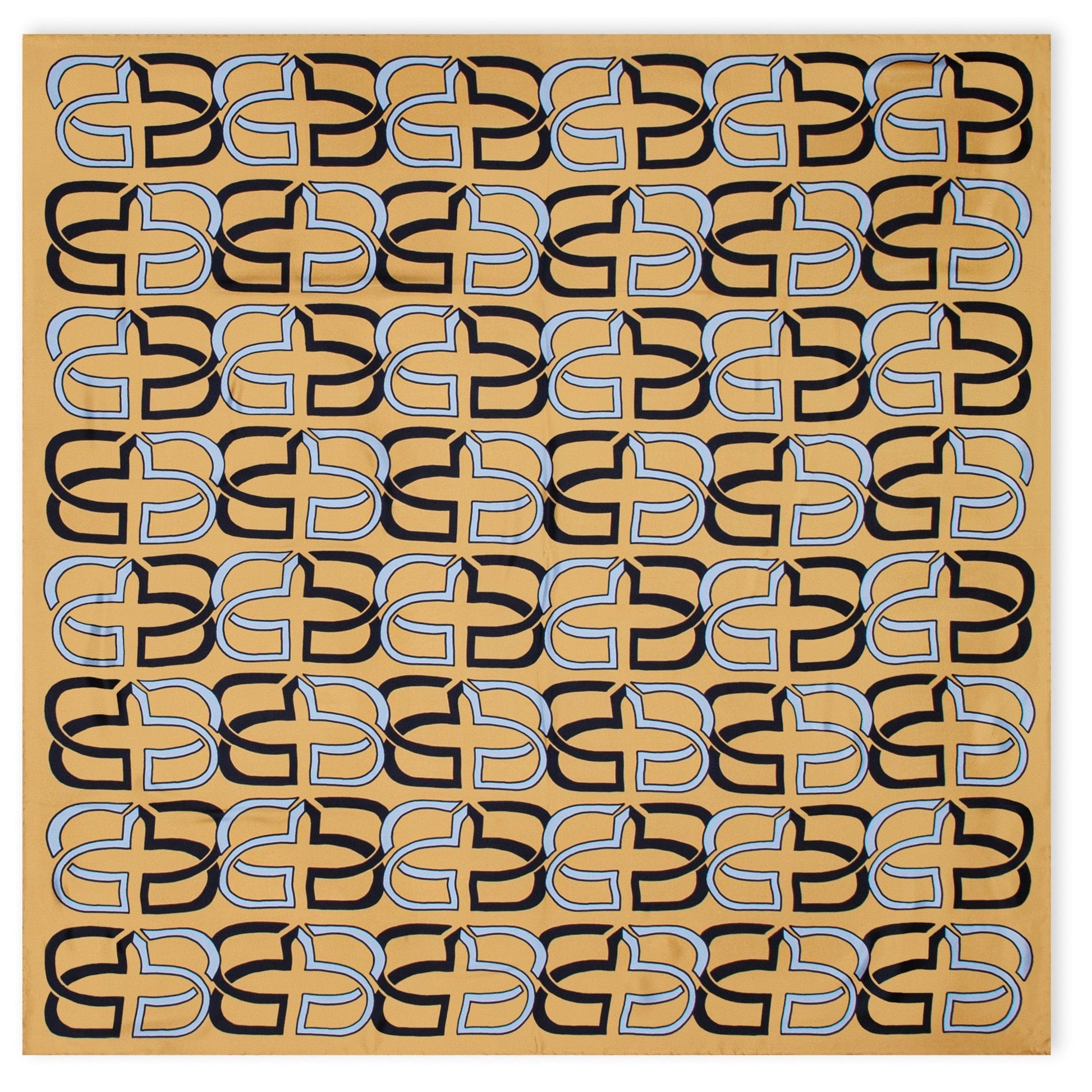 A square art print or poster featuring a repeating geometric pattern of stylized interlocking letterforms in black and light blue on a warm tan background.