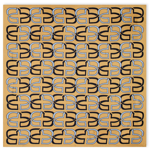 A square art print or poster featuring a repeating geometric pattern of stylized interlocking letterforms in black and light blue on a warm tan background.